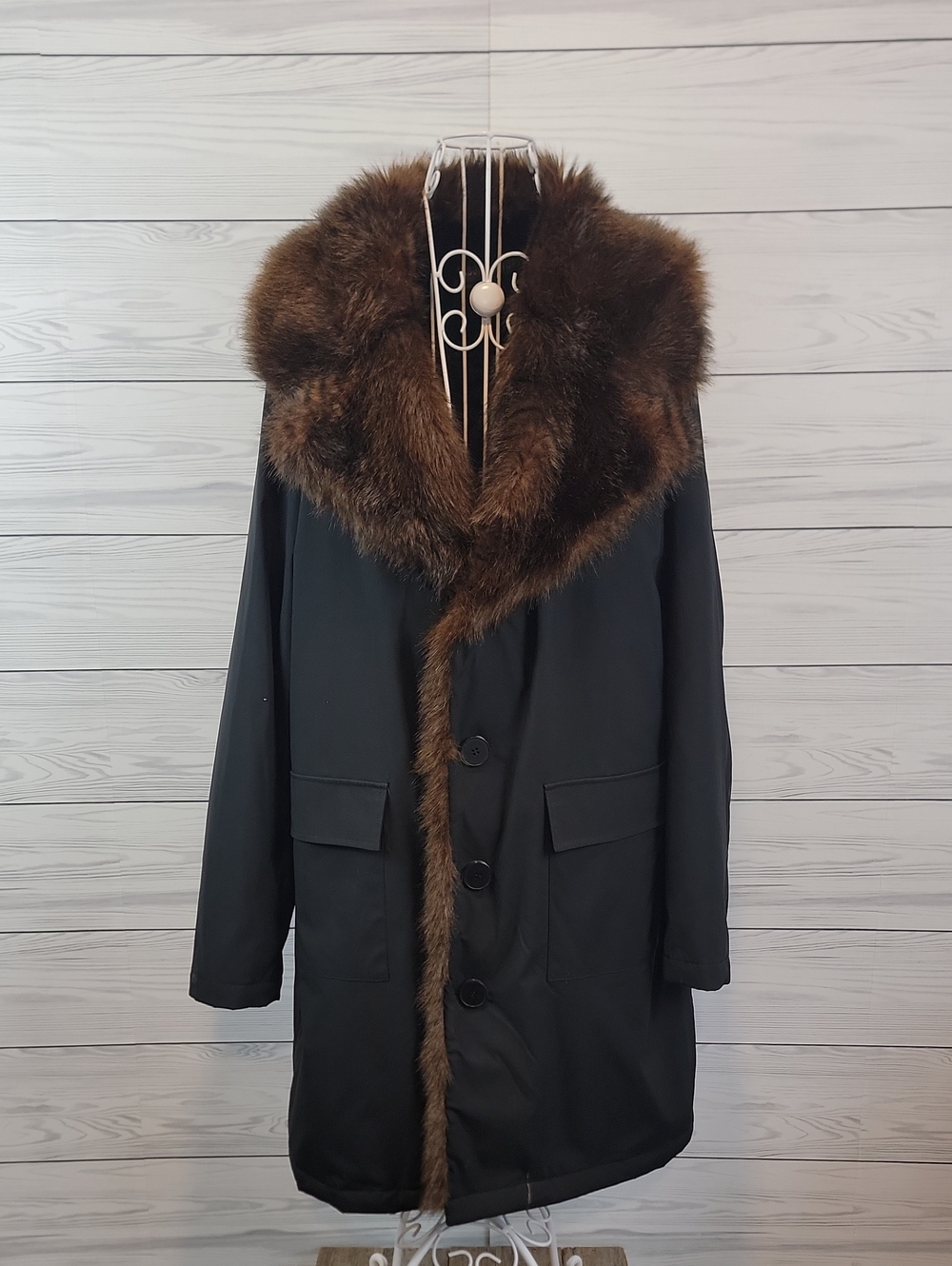 Fabulous Furs Winter Storm Coat- Black with Brown Faux Fur Collar Womens Size XL